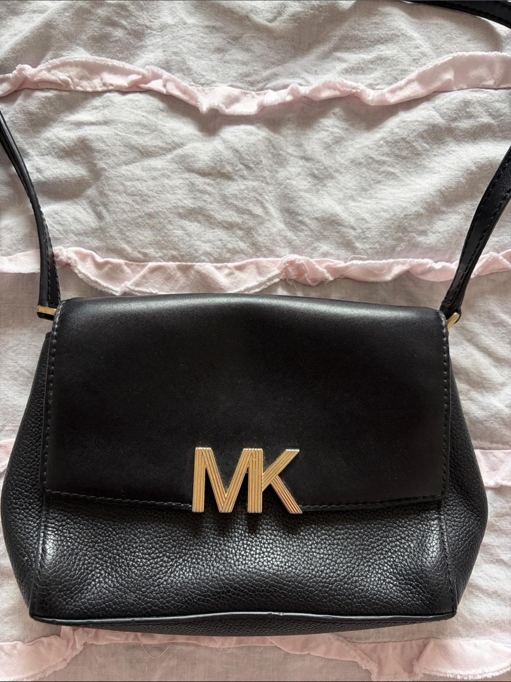 Michael Kors Black Leather MK Logo Crossbody with Light Gold Hardware